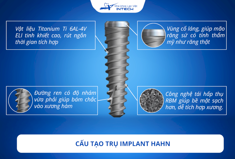 Trụ Implant Hahn có cấu tạo đặc biệt giúp trụ tồn tại ổn định và bền vững trong xương hàm