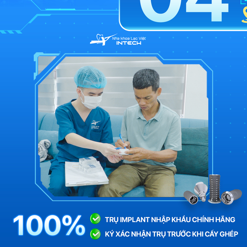 Nha khoa Lạc Việt Intech cam kết nhập khẩu 100% trụ Implant chính hãng, cho phép cô chú/anh chị kiểm tra trước khi cấy ghép