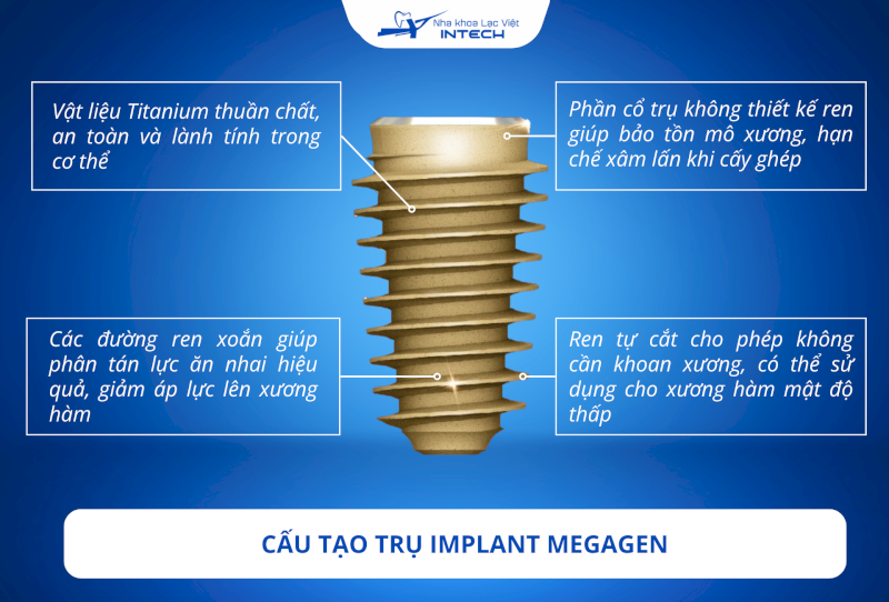 Trụ Implant Megagen được thiết kế thông minh thông qua các rãnh, ren hỗ trợ trụ tồn tại ổn định