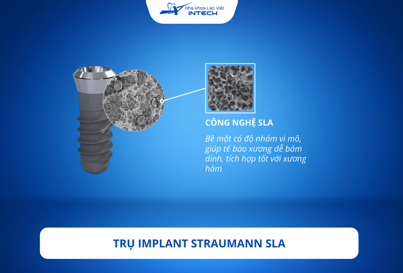 Trụ Implant Straumann SLA được cải tiến bởi công nghệ xử lý bề mặt giúp tăng tốc độ tích hợp vào xương hàm