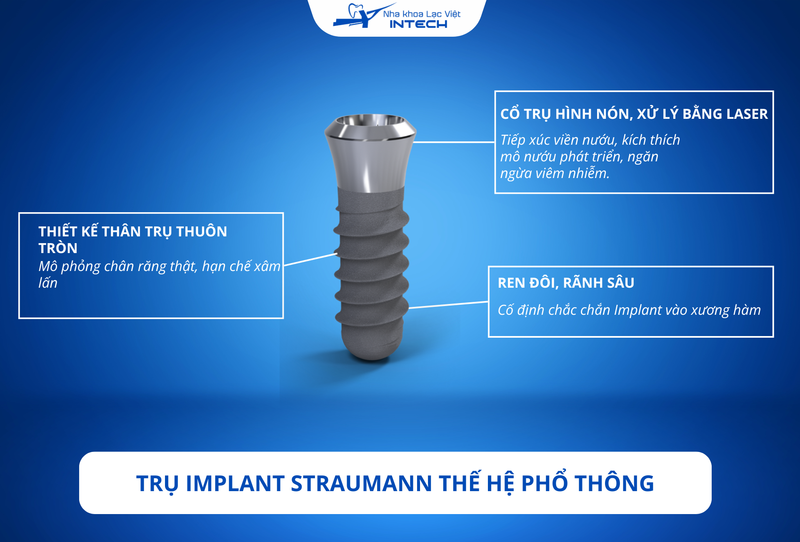 Trụ Implant Straumann thế hệ phổ thông có cấu tạo đơn giản, phù hợp với nhiều vị trí răng