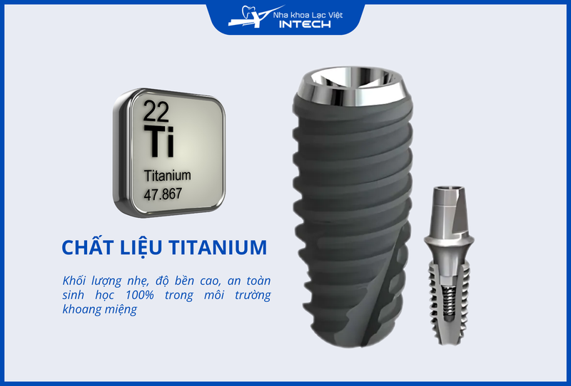 Trụ Implant đạt chuẩn thường làm từ Titanium, an toàn với cơ thể người và có khả năng tương thích sinh học cao